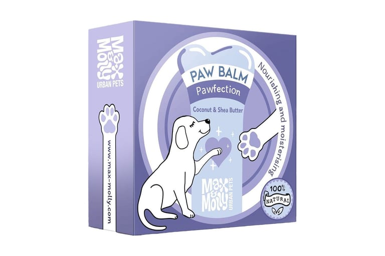 Lila förpackning med Max & Molly Paw Balm Pawfection och en tecknad hund