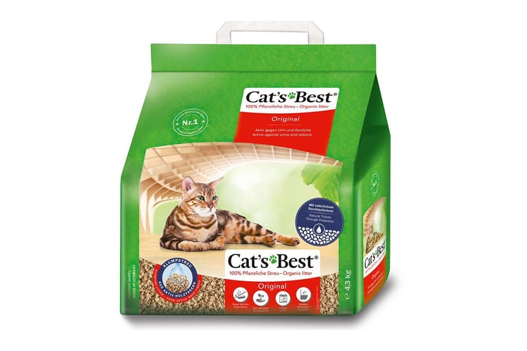 Grön påse med Cat’s Best Original, kattsand av träfibrer